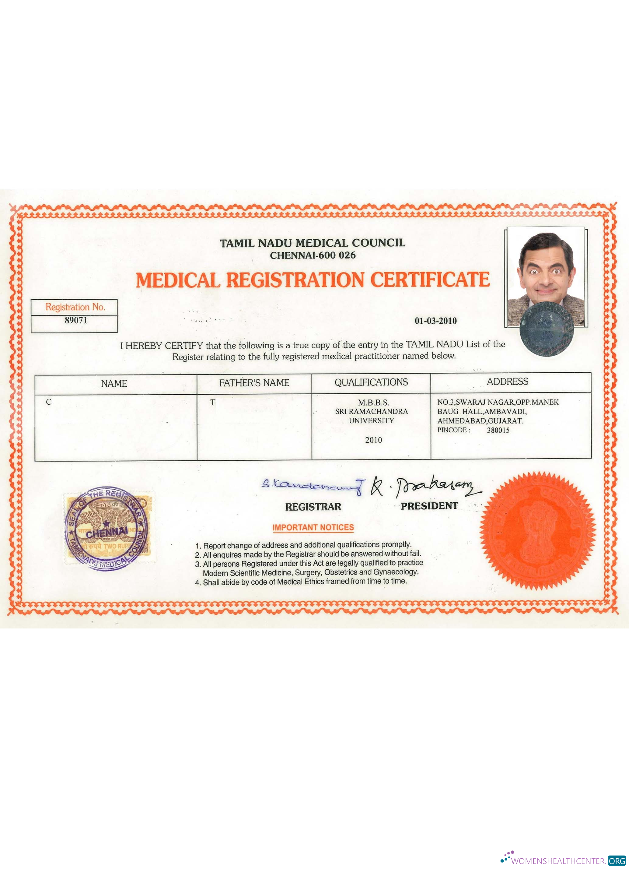 Download India Tamil Nadu registration certificate Photoshop template